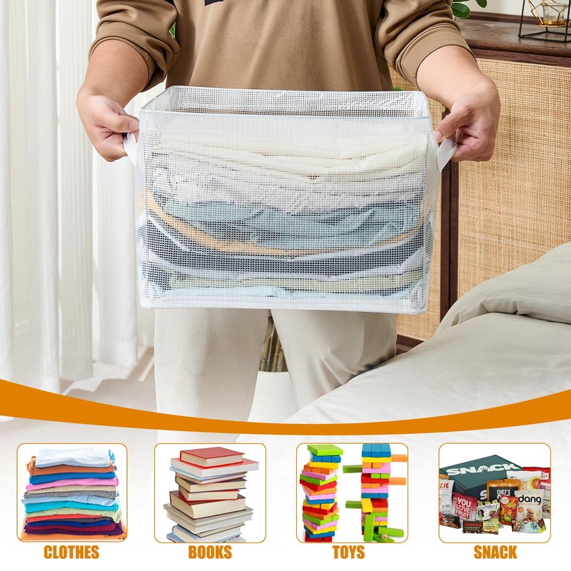 Clear Large Storage Baskets for Shelves, Collapsible Storage Bins with