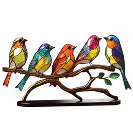 Home Decor Accessories Stained Metal 5 Birds on Branch Desktop Ornaments Colorful Metal Bird Statue Table Decor for Office Stained Metal Birds on Branch Desktop Ornaments