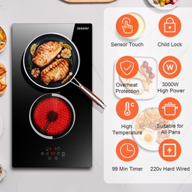 Jessier Electric Cooktop 12 Inch - 2 Burner Countertop & Built-in Ceramic Cooktop, Electric Stove Top with Glass Protection Metal Frame, 9 Heating Level, 3000W, 220-240V Hard Wire(No Plug)