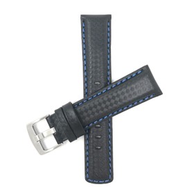 Bandini 20mm Mens Italian Leather Watch Band Strap - Carbon Fiber - Black with Blue Stitch
