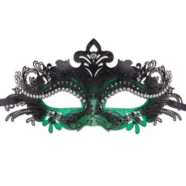 Vanki 1 Pcs Masquerade Mask Laser Cut Metal Shiny Rhinestone Party Mask,Green&Black