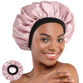 Silk Satin Bonnet, Adjustable Elastic Hair Bonnet for Women Girls Men Sleeping for Curly Thick Thin Braid Hair, Double Layer Lined Bonnets for Makeup Hair Care(Pink)
