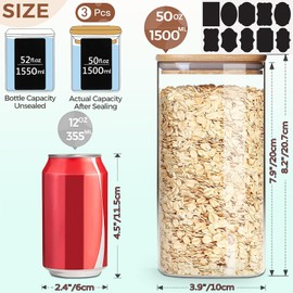 VIEWELLD Airtight Glass Storage Canister with Wood Lid (50oz), Clear Food Storage Container Jar with Sealing Bamboo Lid for Noodles Flour Cereal Rice Sugar Tea Coffee Beans,Square Set of 3