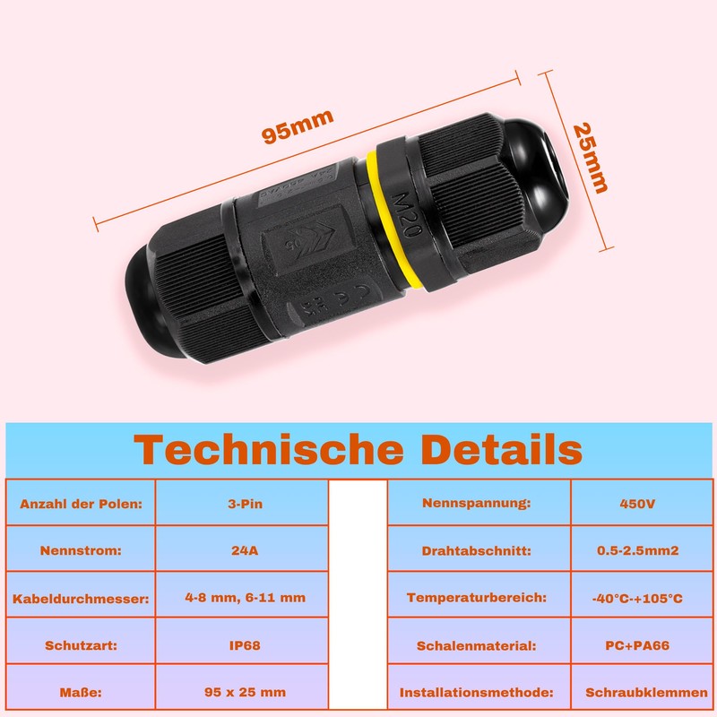 Cable Connector, Waterproof Earth Cable Connector with Screw Terminals, IP68