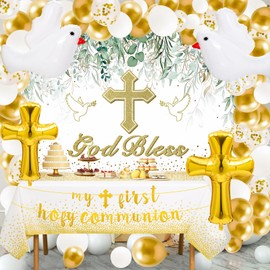 nicedepot First Communion Decorations for Girls Boys Baptism Decorations Mi Bautizo Decorations Primera Momunion Baby Shower Decorations Included God Bless Backdrop Banner Tablecloth Balloons