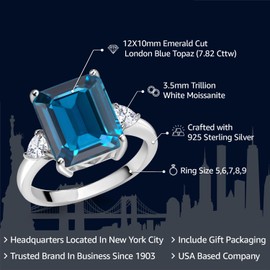 Gem Stone King 7.82 Cttw London Blue Topaz and White Moissanite 3 Stone Ring For Women | 925 Sterling Silver | Gemstone Birthstone | Emerald Cut 12X10MM | Available In Size 5, 6, 7, 8, 9