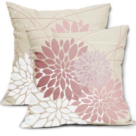 Pink Flower Pillow Covers 18x18 Grey Gray White Dahlia Floral Spring Decorative Throw Pillows Farmhouse Outdoor Seasonal Decor for Home Sofa Bed Couch Modern Square Cushion Cases, Set of 2