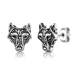 SIISPRI Celtic Wolf Stud Earrings For Men Women Norse Viking Stainless Steel Jewelry,Trendy Animal Earrings Hypoallergenic, Stainless Steel, No Gemstone