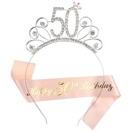 YKKJ Birthday Crystal Crown ，Happy Birthday Sash Tiara Set ，50th Birthday Gifts for Happy 50th Birthday Party Favor Supplies.