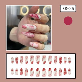 24Pcs Valentin Day Press on Nails Almond Shape Fake Nails Glossy Acrylic Nails Cute False Nails Valentin Design Lip Glue on Nails Medium Length Artificial Nails for Women Nail Art Decorations