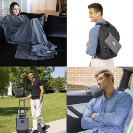 BlueHills Travel Blanket Pillow Compact Lightweight Pocket Size Airplane Traveling Essential Flight Trip Throw in Bag Portable Case Plane Accessory Gray L01