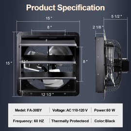 Hiorucet 12 Inch Shutter Exhaust Fan Wall Mounted with Speed Controller and 1.8M Power Cord Kit, 60HZ, 60W, Pure Copper Motor with High Speed Low Noise, Automatic Shutter Attic Fan for Garage, Kitchen