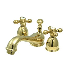 Kingston Brass KS3952AX Restoration Mini Widespread Lavatory Faucet with Metal Cross Handle, Polished Brass, 4-Inch Adjustable Center
