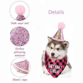 Dog Birthday Bandana Hat Scarf Set, EYLEER Plaid Birthday Dog Bandana Hat Scarfs Bibs with Dog Bow Tie Collar (Pink)