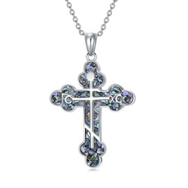 SIMONLY Abalone Shell Orthodox Cross Necklace 925 Sterling Silver Eastern Orthodox Cross Pendant Necklace Religious Christian Jewelry for Men Women