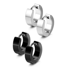 Ozmw 2 pairs of creole earrings, folding hoop earrings, black silver matt, men/women's earrings (1 pair black, 1 pair silver)