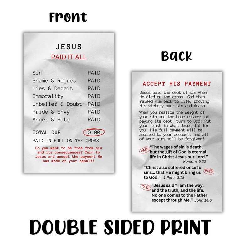Jesus Paid It All Receipts 100pk Roman Road Zero Due