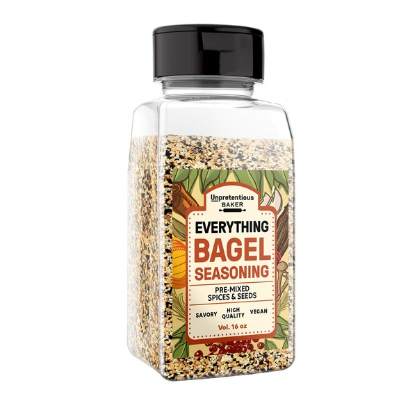Everything Bagel Seasoning, 16 oz by Unpretentious Baker, Add Texture & Flavor to Any Recipe, Mix of Sesame Seeds, Poppy Seeds, Garlic, Onion & Salt, Convenient Shaker Jar
