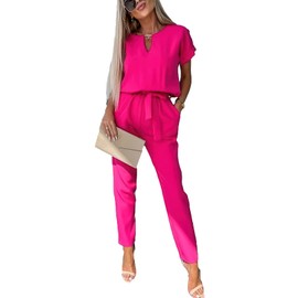 amropi Jumpsuit Women's Elegant Short Sleeve Playsuit V-Neck Casual Loose Overalls Long Romper, Red Pink