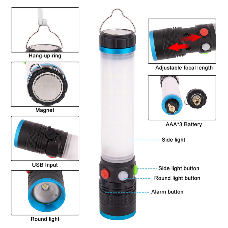 Emergency Light Multifunction Flashlight 8 Lighting Modes Alarm Sound Hook