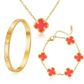 Ouxayapl 18K Gold-Plated Four Leaf Clover Bracelet, 18K Gold-Plated Four Leaf Clover Pendant Necklace, Gold Bracelet Cubic Zirconia Bangle, 3 Pieces Jewellery Set for Birthday Gifts, 18k Gold, No