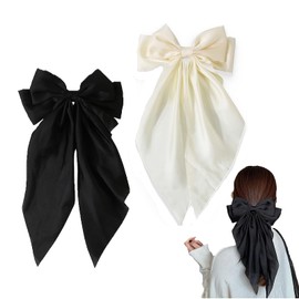 2 PCS Black Hair Bow, Black Bow Hair Clip, White Bow, Bow Clips, Bow for Hair, Big Bow Hair Clips with Long Silky Satin, Barrettes Accessories for Girls Women (Black and White)