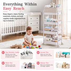 Baby Diaper Caddy 4 Tier Rolling Storage Cart with Wheels for Baby Bedside