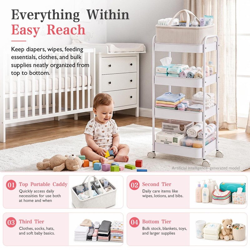 Baby Diaper Caddy 4 Tier Rolling Storage Cart with Wheels