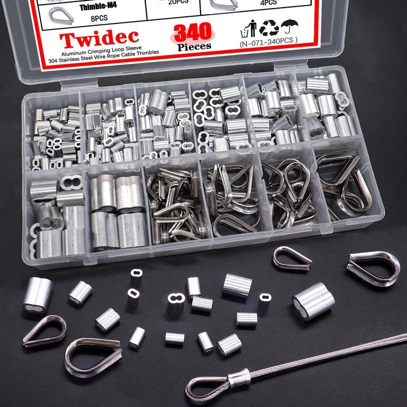 Twidec/340PCS 304 Stainless Steel Wire Rope Cable Thimbles and Aluminum