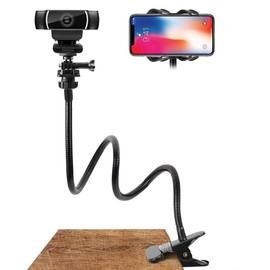 Webcam Stand, Adjustable Gooseneck Camera Stand, Flexible Arm 360 Table Bed Holder for GoPro, 23 Inch Length, 1/4 Inch Screws, Universal Phone Clip, for Webcam