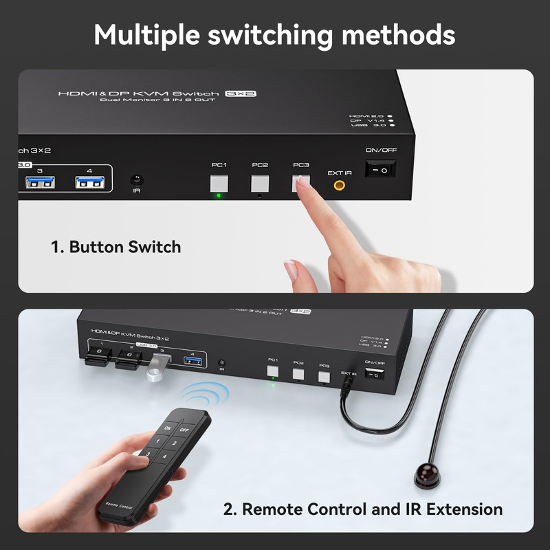 PVBCTCSID HDMI Displayport KVM Switch 3 PC 2 Monitors 8K60Hz