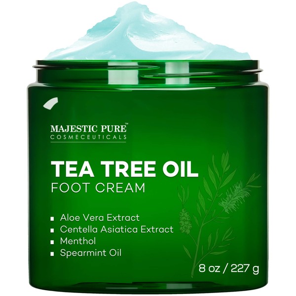 MAJESTIC PURE Athletes Foot Cream with Tea Tree Oil, Aloe & Spearmint - Hydrates, Softens & Conditions Dry Cracked Feet, Heel and Calluses,- Helps Soothe Irritated Skin - 8 oz