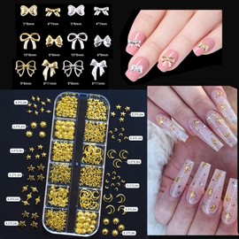 LenKeda 2 Case Nail Parts, Gold & Silver, Star Moon Sun Ribbon Butterfly Design, 3D Dimensional, Nail Art, DIY Set, Deco Parts, Gel Nail Parts, Nail Art Parts, Craft Materials, Jewelry Parts, Metal