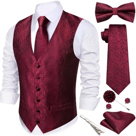 Barry.Wang Men's Silk Vest Tie Bowtie Brooch Set Formal/Leisure Paisley/Flower V-neck Vests Wedding Party Waistcoat 7PCS