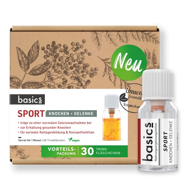 basics Sport Vitamin Complex Monthly Treatment, 30 x 10 ml Bottles, High Dosage, Vegan with Vitamin K, B12, D3, Manganese and Zinc for the Maintenance of Bones and Joints