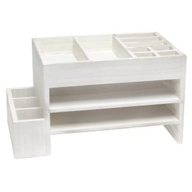 Elegant Designs HG1021-WWH Home Office Wood Tiered Organizer with Storage Cubbies and Letter Tray Desk Caddy, White Wash