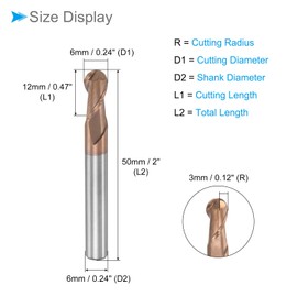 CoCud Ball Nose End Mill 3mm Radius 6mm Shank 50mm Length AlTiN Plated M30 Tungsten Carbide 2 Flute Milling Cutter Bits (Application: Stainless Steel Hardened Steel)