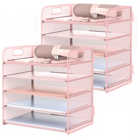 2 Pack Letter Tray 5-Tier Desk Organizer File Paper Holder with Handle, Metal Desktop Document Shelf Tray Office Classroom Organization - Pink