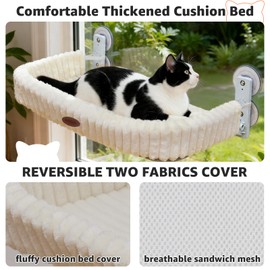 Cordless Cat Window Perch, Large Size Hammock with 4 Strong Suction Cups, Cat Hammock for Window with Two Fabrics Cover, Foldable Bed for Cats, White