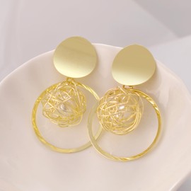 Gold Hollow Out Circle Statement Earrings for Women Trendy Pearl Gold Plated Earrings for party
