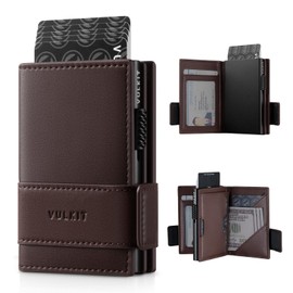 VULKIT Card Holder Bifold Pop Up Leather Wallet for Men RFID Blocking Metal Card Case, Hold 9 Cards and Banknotes, with ID Card Slot Window and Zipper Coin Pocket (Espresso)