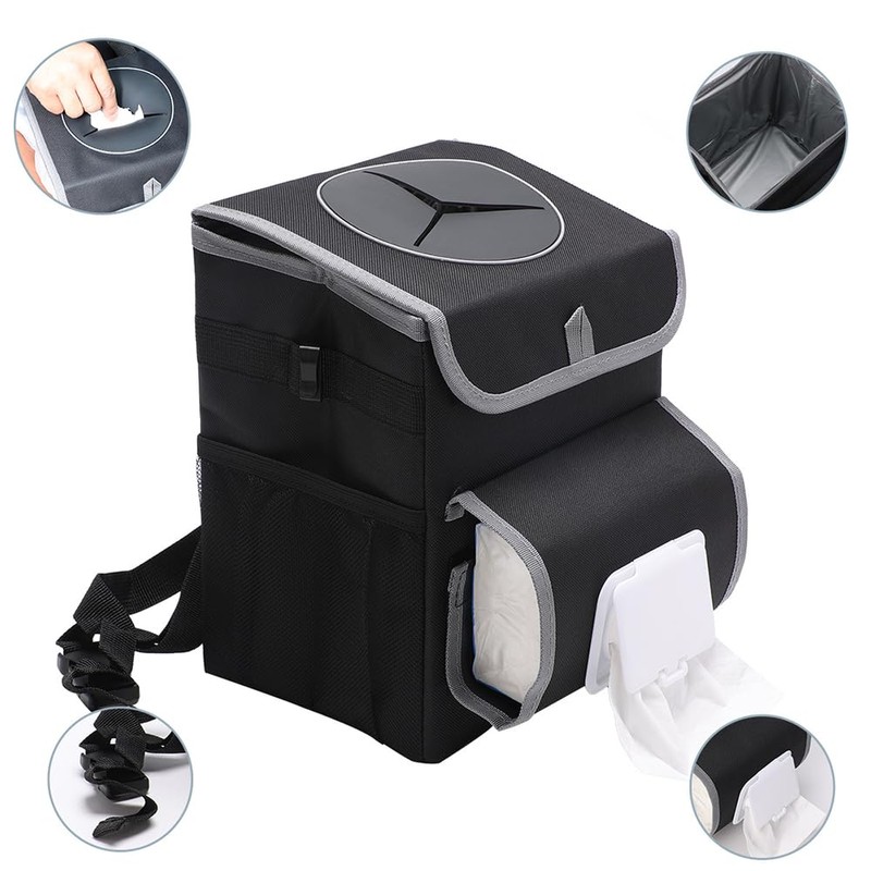 upra Car Trash Can with Lid,Bag Hanging Storage Pockets,Adjustable Tissue