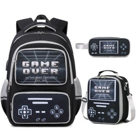 ACESAK Gamer Backpack for Boys - Cool Luminous School Bag with Lunch Bag Pencil Case - Kids Backpack Elementary Middle School Book Bags for Teen Boys with USB Charging Port (Black Grey)