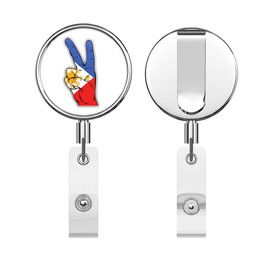 Philippines Flag Hand Peace Sign Round ID Badge Key Card Tag Holder Badge Retractable Reel Badge Holder with Belt Clip