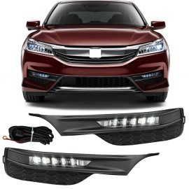 YLT AUTO Fit 2016-2017 Honda Accord Seden 4DR Front Bumper LED DRL Fog Lights Lamps