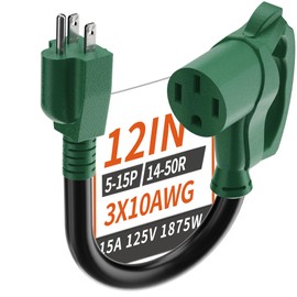 PlugSaf 12 inch RV 50 Amp to 110 Adapter, 10/3 Gauge Heavy Duty RV Electrical Adapter for Camper 1 FT, NEMA 5-15P to NEMA 14-50R, STW 10AWG 15A 125V 1875W, Green-Black, ETL Listed