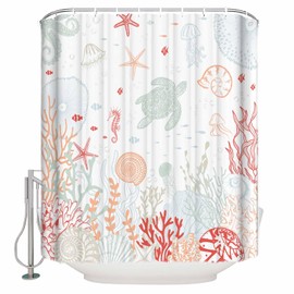 Huotupsine Red Orange Teal Nautical Coastal Shower Curtain Set - Standard 72" x 72" Summer Beach Bathtub Curtain with 12 Hooks, Sea Turtle Coral Waterproof Fabric Stall Shower Curtains for Bathroom