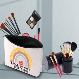 PWHAOO Motivational Rainbow Makeup Bag Progress Over Perfection Cosmetic Bag Inspirational Teacher Gift SPED Teacher Gift (PROGRESS OVER PERFECTION B)