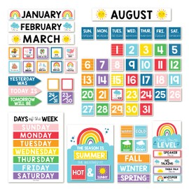 Classroom Calendar Set Bulletin Board Decor – School Calendar For Classroom Elementary & Preschool, Bulletin Board Decorations With Weather Chart & Seasons, Rainbow Teacher Must Haves
