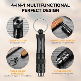 Cigarmoon 4-in-1 Cigar Punch Cutter Tool with Cigar Opener(9mm), Cigar Draw Enhancer Cutter, Twin Nubber and Cigar Holder Functional Stainless Steel Puncher All in 1 (Black)